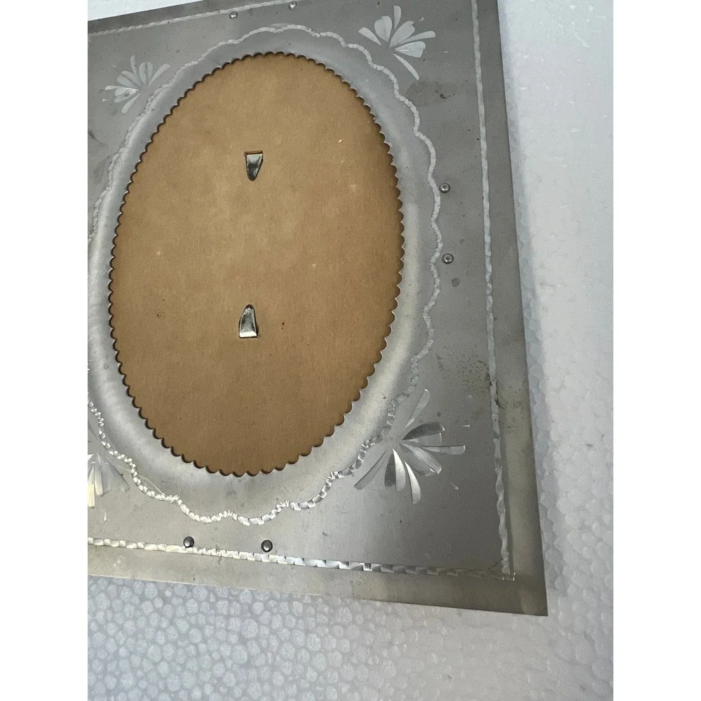 Vintage Etched Aluminum Picture Frame Oval Opening Easel Back Art Deco Floral